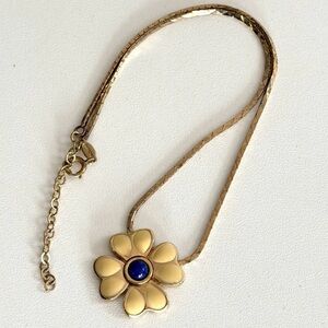 CHRISTIAN DIOR Gold and Blue Floral Necklace Enamel and Glass cabochon